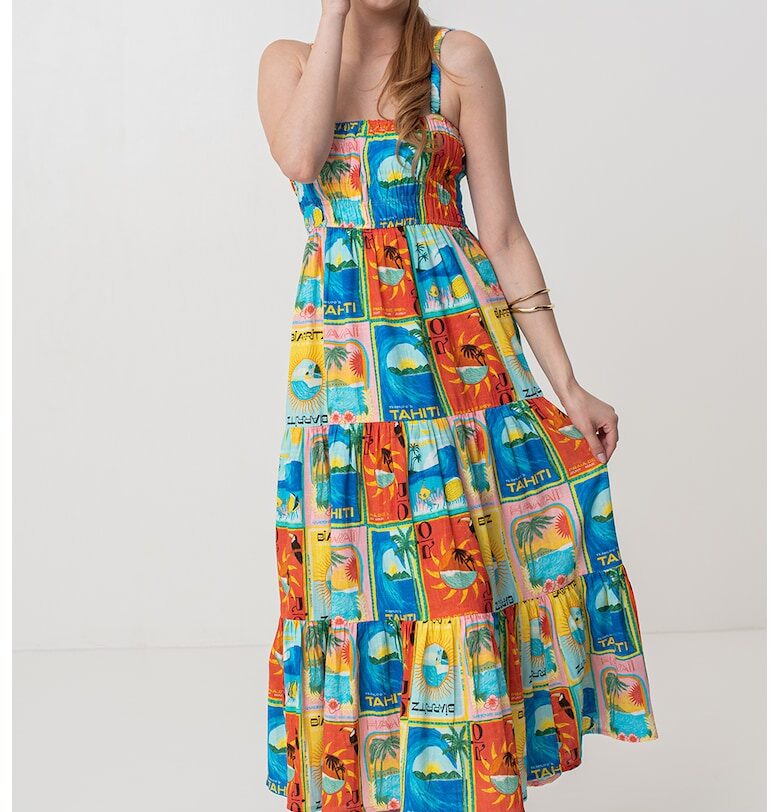 Десенирана миди рокля с разкрояване - Жълт/Оранжев/Син ROXY