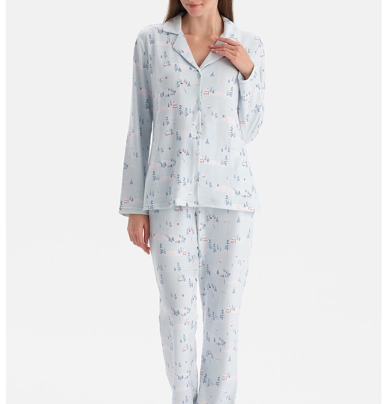 Десенирана пижама с колан - Светлосин DAGI