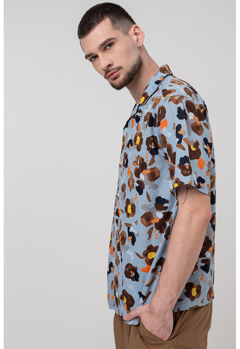 Десенирана риза с лен и памук - Кафяв/Жълт/Лавандула United Colors of Benetton