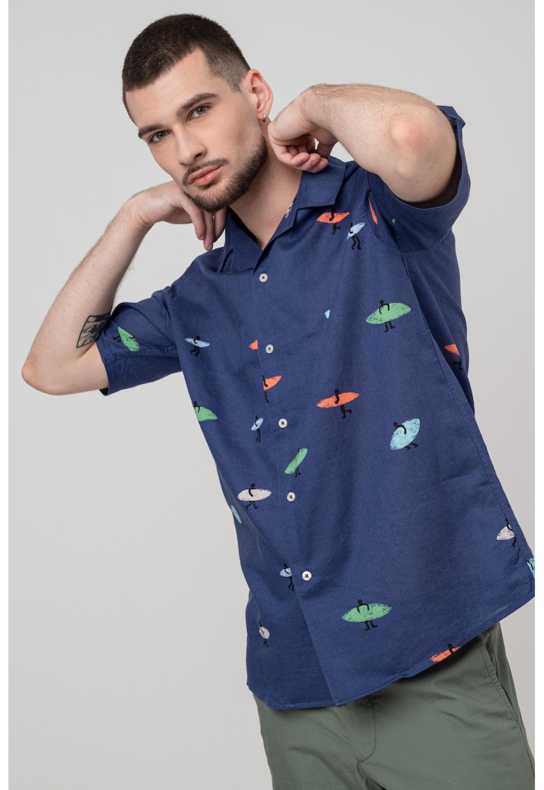 Десенирана риза с лен и памук - Тъмносин United Colors of Benetton