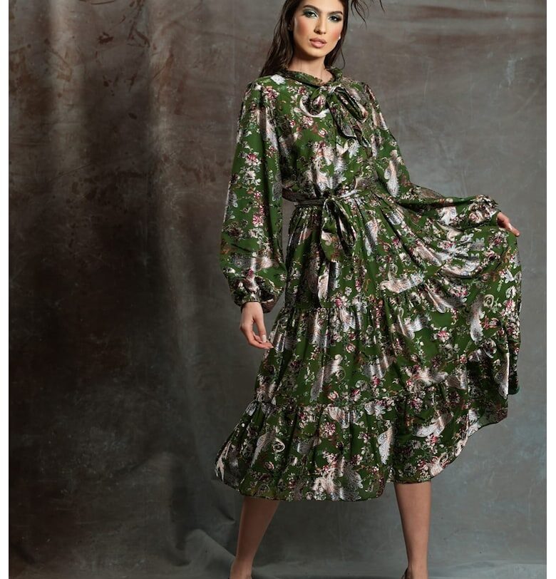 Десенирана рокля Eze с коприна с панделка - Зелен MIAU by Clara Rotescu