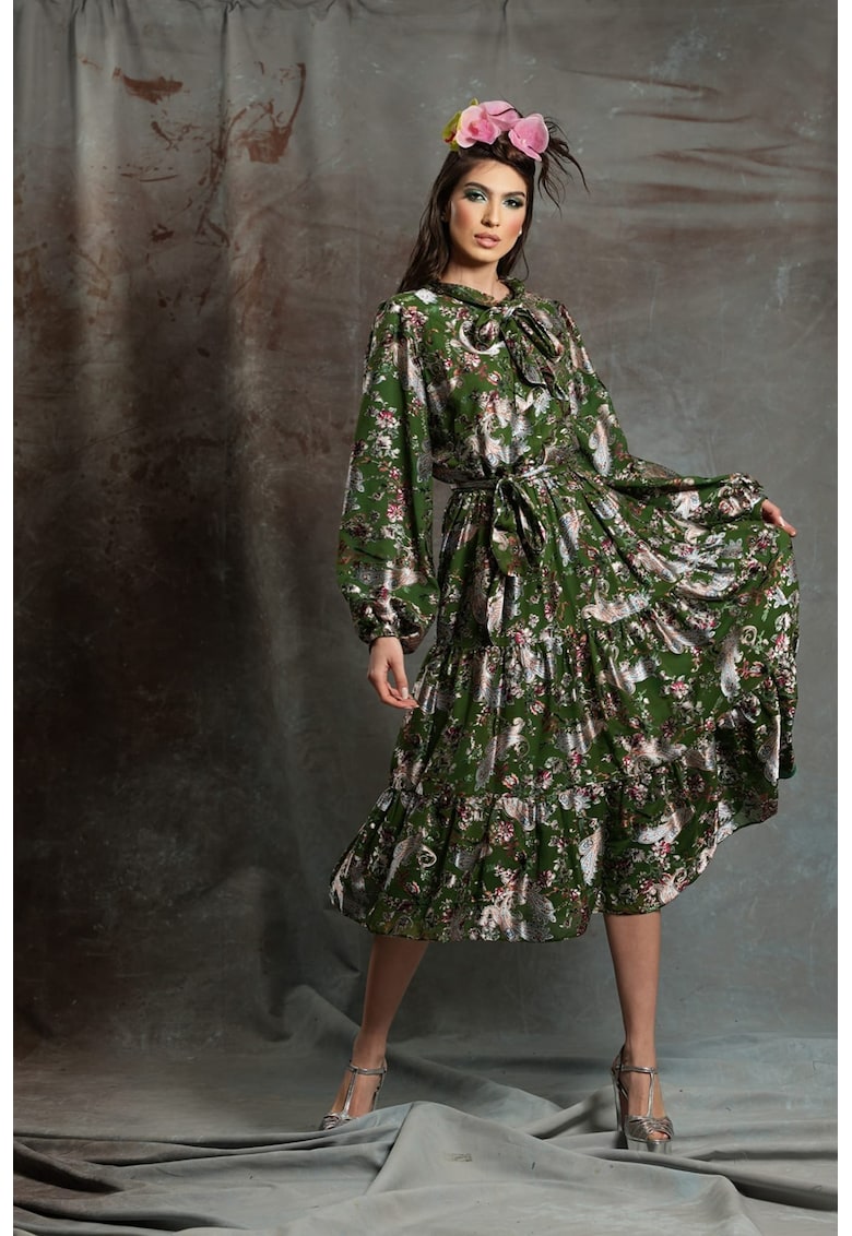 Десенирана рокля Eze с коприна с панделка - Зелен MIAU by Clara Rotescu