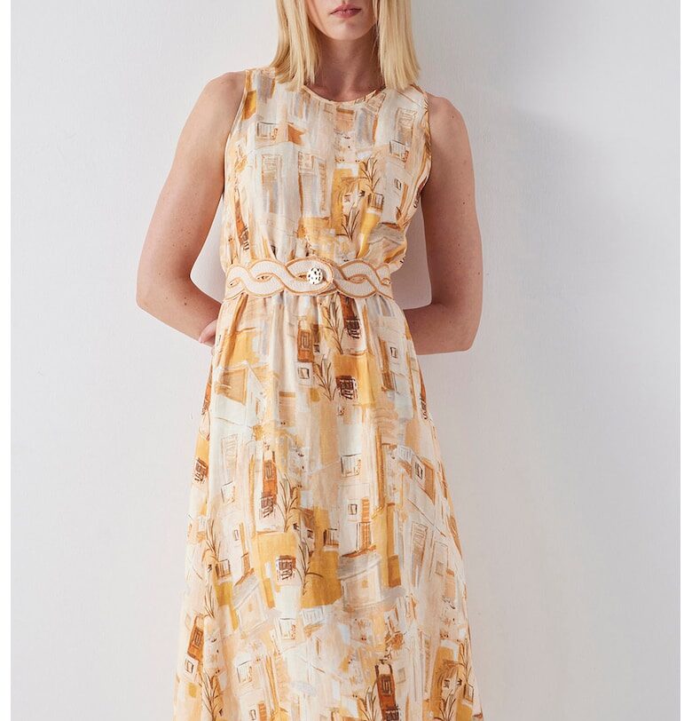 Десенирана рокля с лен с овално деколте - Бежов/Бледооранжев Ipekyol