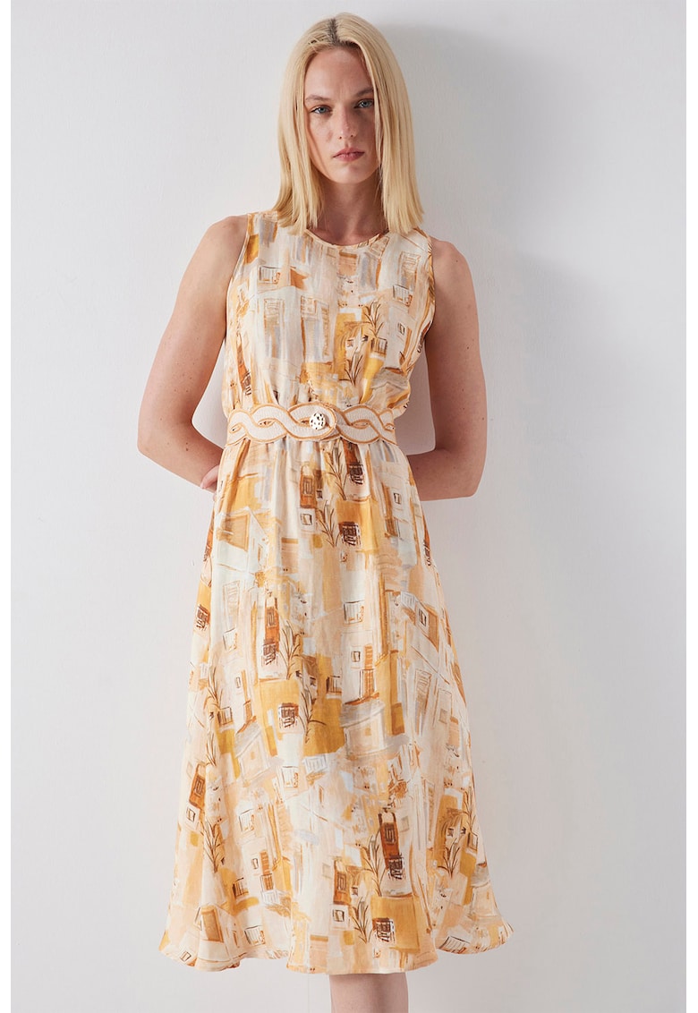 Десенирана рокля с лен с овално деколте - Бежов/Бледооранжев Ipekyol