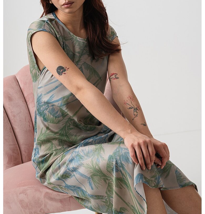 Десенирана рокля с овално деколте - Небесносин/Зелени аспержи MaxCo