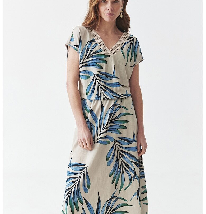 Десенирана шпиц рокля - Син/Светло бежово Tatuum