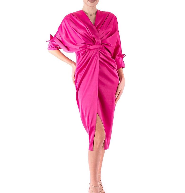 Драпирана рокля с 3/4 ръкави - Фуксия Acob a porter