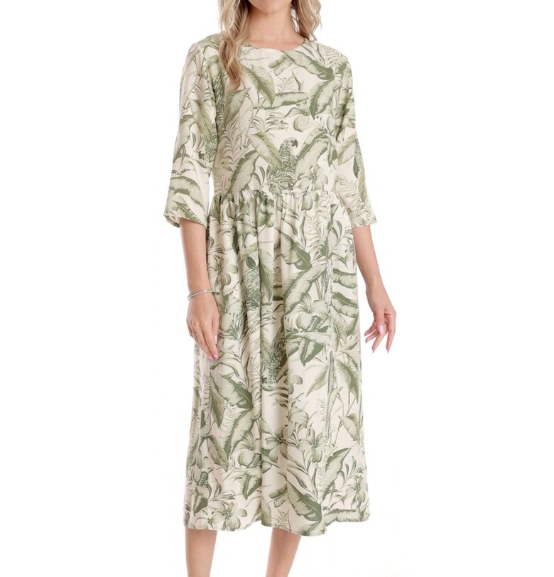 Дълга дамска рокля V271 - кремава със зелен флорален принт Eranthe