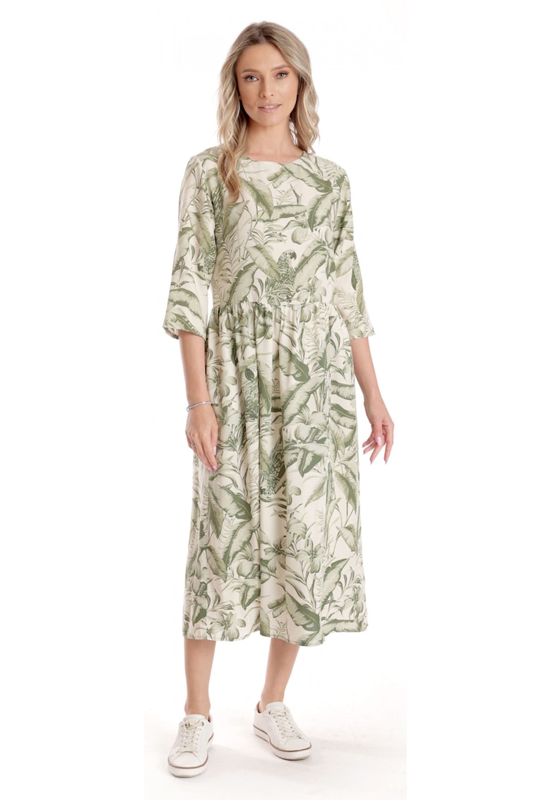 Дълга дамска рокля V271 - кремава със зелен флорален принт Eranthe