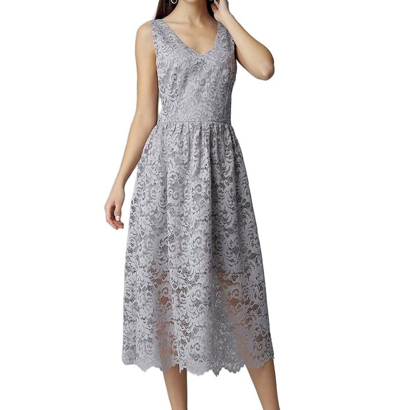 Дълга дантелена вечерна рокля  сива - без ръкави - елегантно деколте - подплатена - полиестер Figl