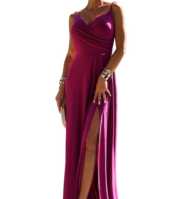 Дълга - елегантна макси рокля - брокат цвят фуксия - с цепка Numoco