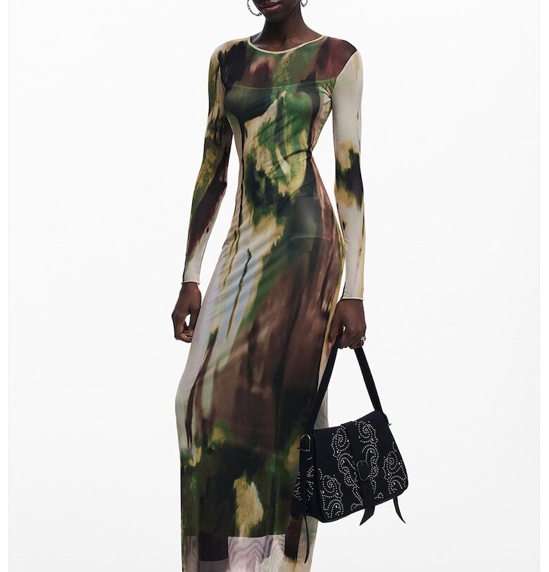 Дълга ефирна рокля с десен - Зелен/Кафяв/Бежов DESIGUAL