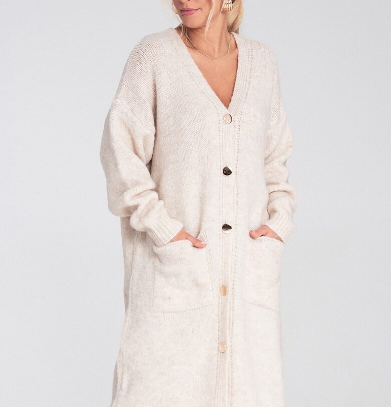 Дълга жилетка  бежова - плетена - с копчета - извънгабаритен крой - джобове Figl