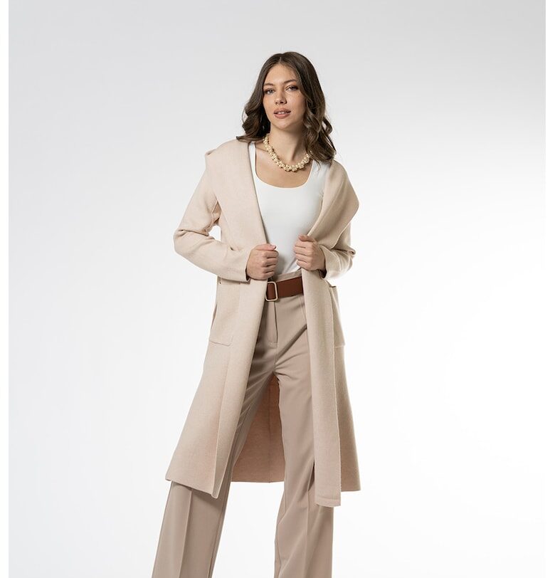 Дълга жилетка с качулка и колан - Бежов Hermosa