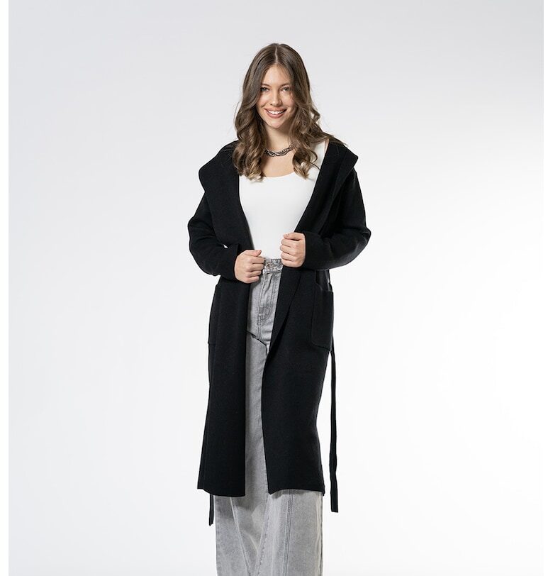 Дълга жилетка с качулка и колан - Черен Hermosa