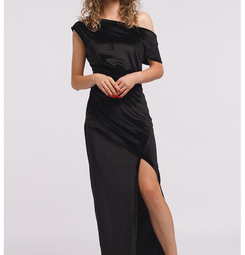 Дълга кадифена рокля с едно рамо и цепка - Черен CAMISSI