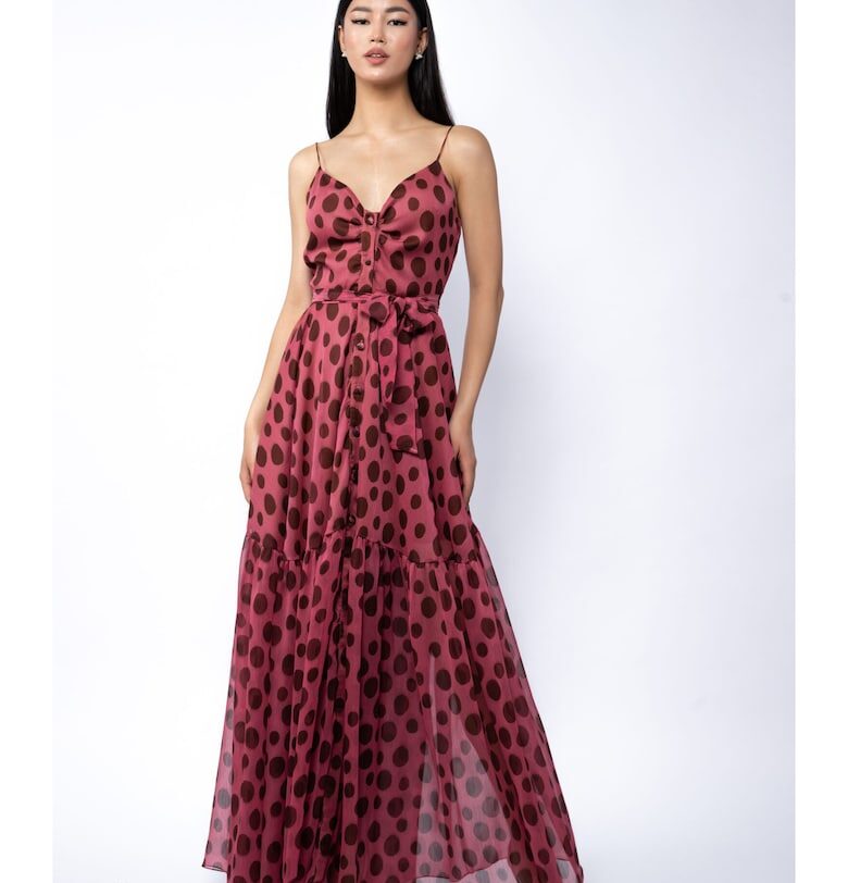 Дълга копринена рокля на точки с презрамки Monarh design