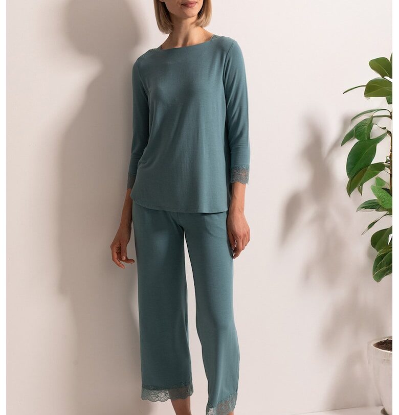 Дълга пижама Alma с модал и дантела - Персийско зелено Sofiaman