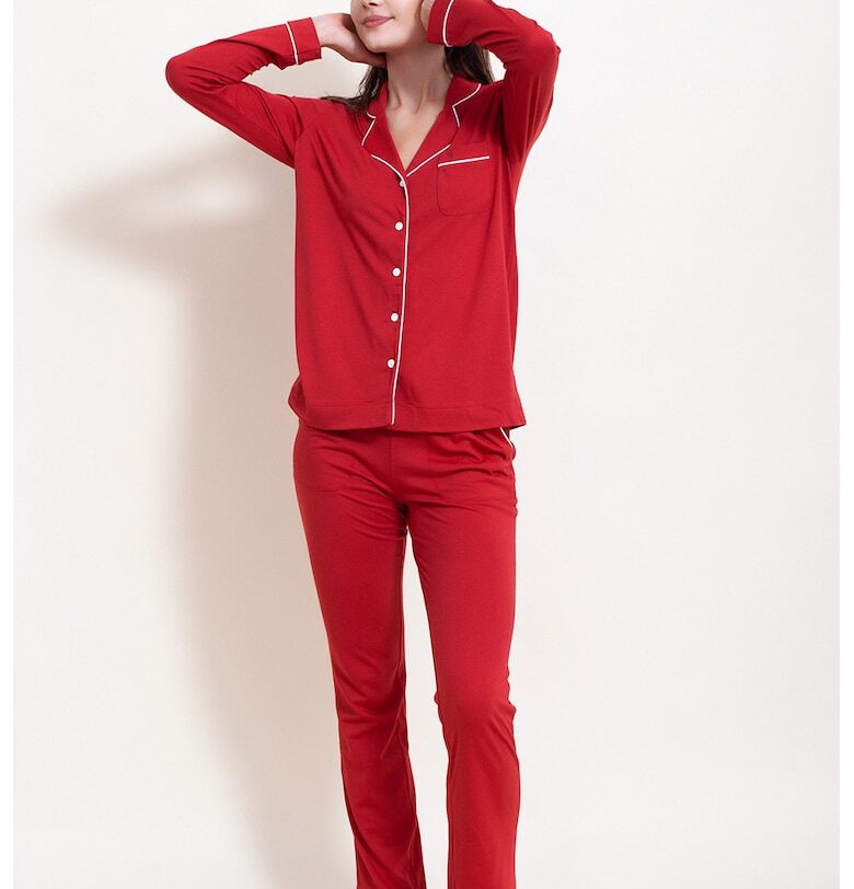 Дълга пижама Ana с модал - Червен/Мръснобял Sofiaman