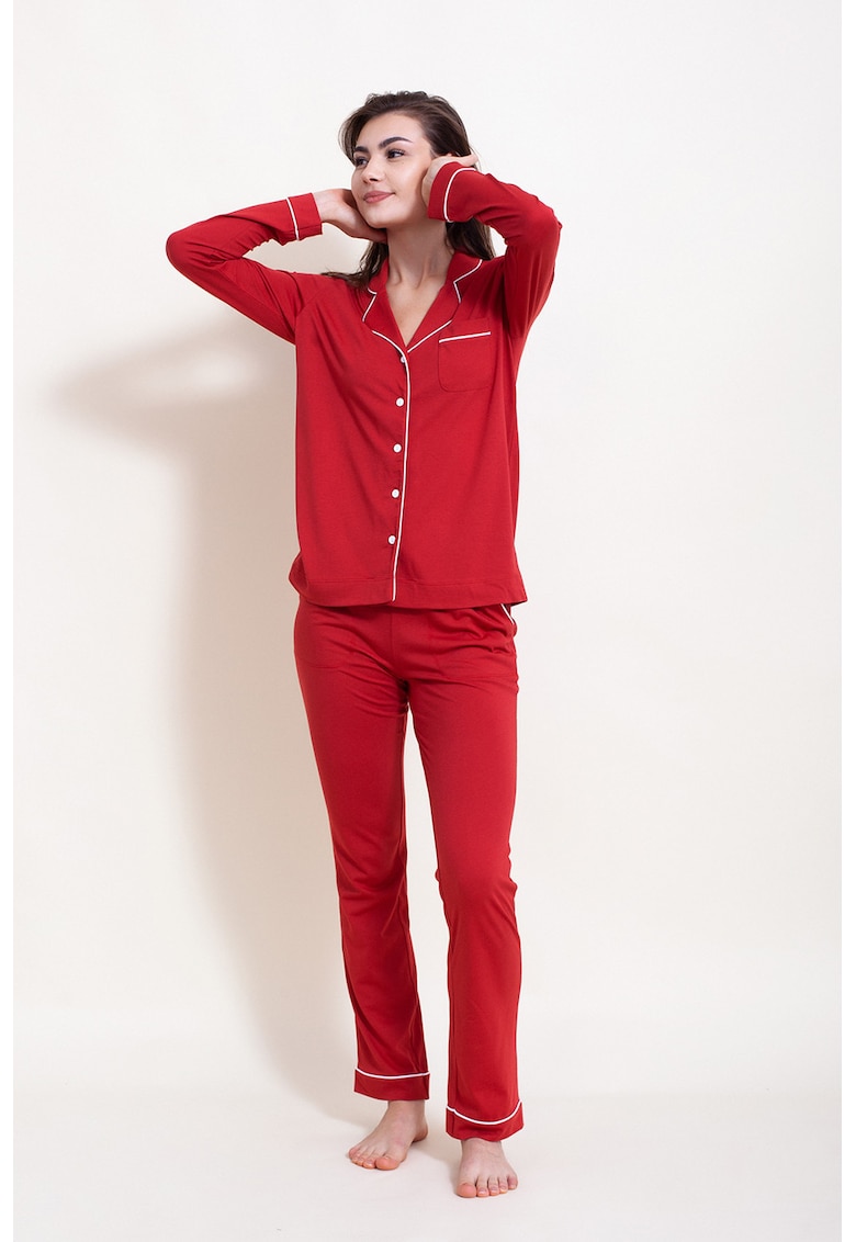 Дълга пижама Ana с модал - Червен/Мръснобял Sofiaman