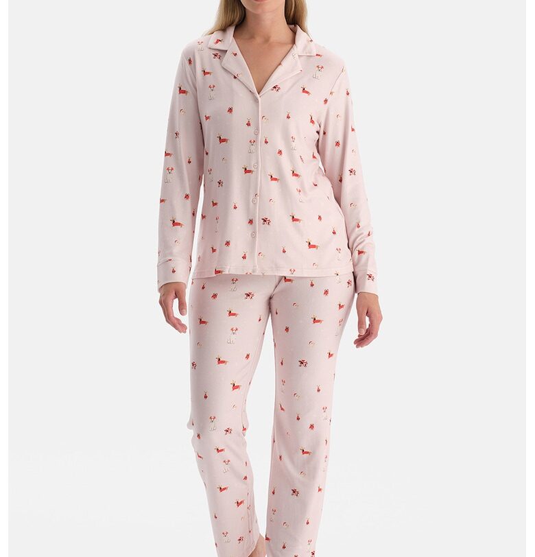 Дълга пижама с десен и висока талия - Бледо розово DAGI