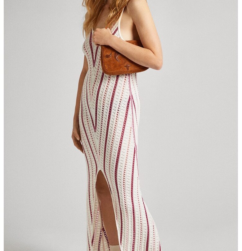 Дълга плетена рокля с цепка - Бял/Тъмновиолетов/Бледо розово Pepe Jeans London