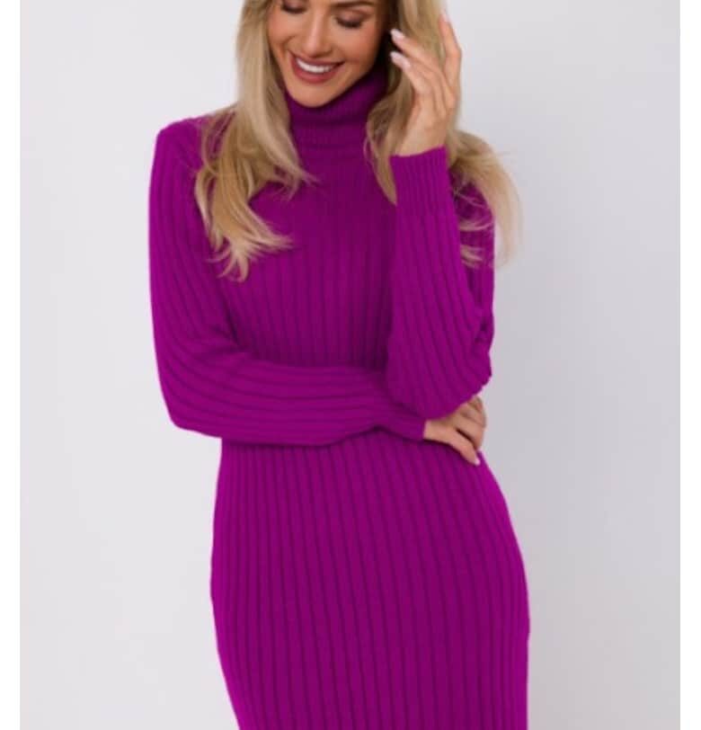 Дълга пуловер рокля с висока яка - лилаво - Виолетов OEM