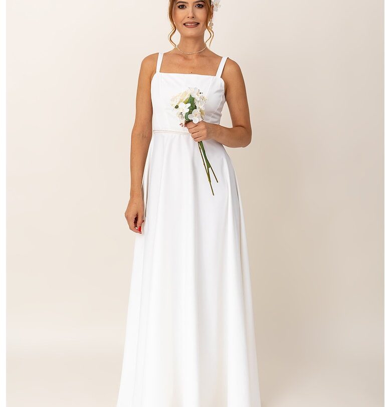 Дълга разкроена рокля с квадратно деколте - Бял Ilona Andreoiu