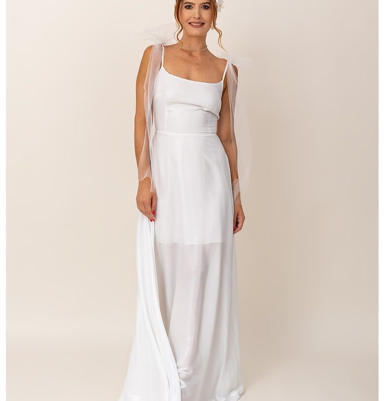 Дълга разкроена рокля с панделка - Бял Ilona Andreoiu