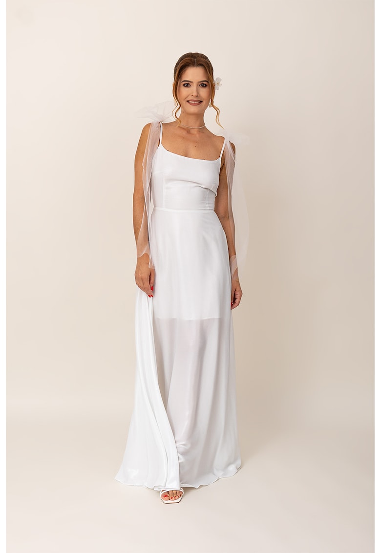 Дълга разкроена рокля с панделка - Бял Ilona Andreoiu