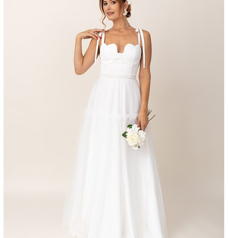 Дълга разкроена рокля с панделки на раменете - Бял Ilona Andreoiu