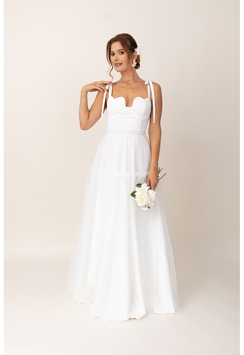 Дълга разкроена рокля с панделки на раменете - Бял Ilona Andreoiu