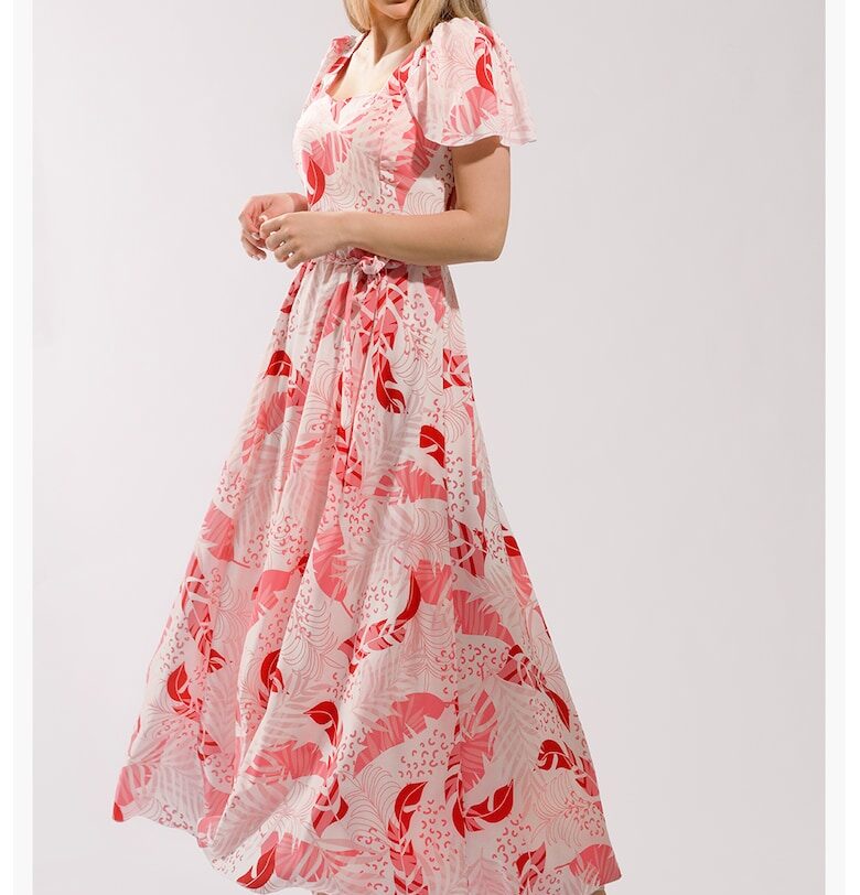Дълга разкроена рокля с принт - Бял/Розово CAMISSI