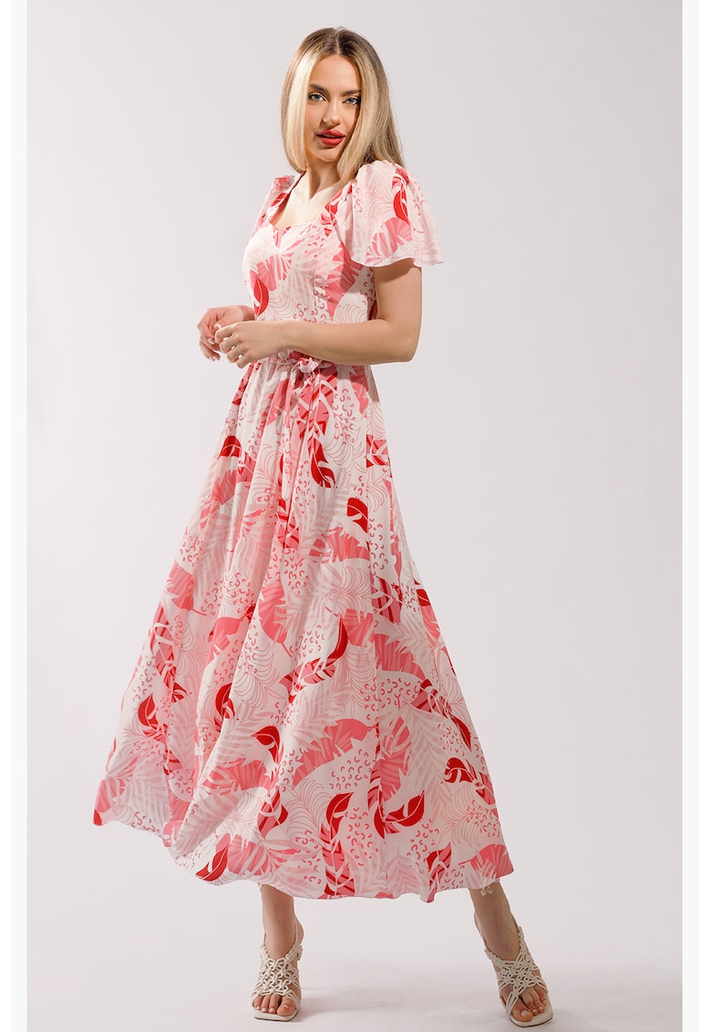 Дълга разкроена рокля с принт - Бял/Розово CAMISSI