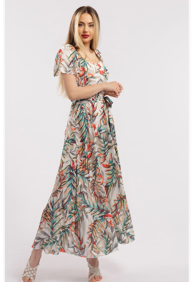 Дълга разкроена рокля с принт - Зелен/Оранжев/Светло кафяво CAMISSI