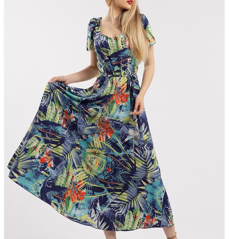 Дълга разкроена рокля с принт - Зелен/Тъмносин CAMISSI