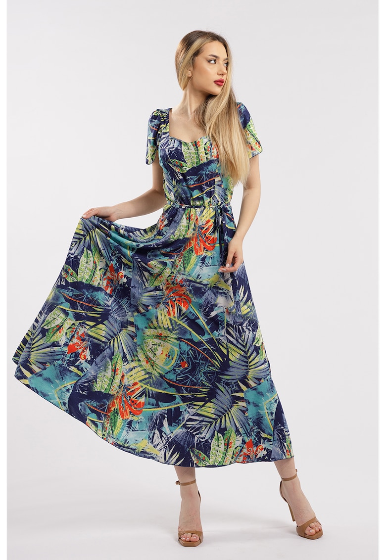 Дълга разкроена рокля с принт - Зелен/Тъмносин CAMISSI