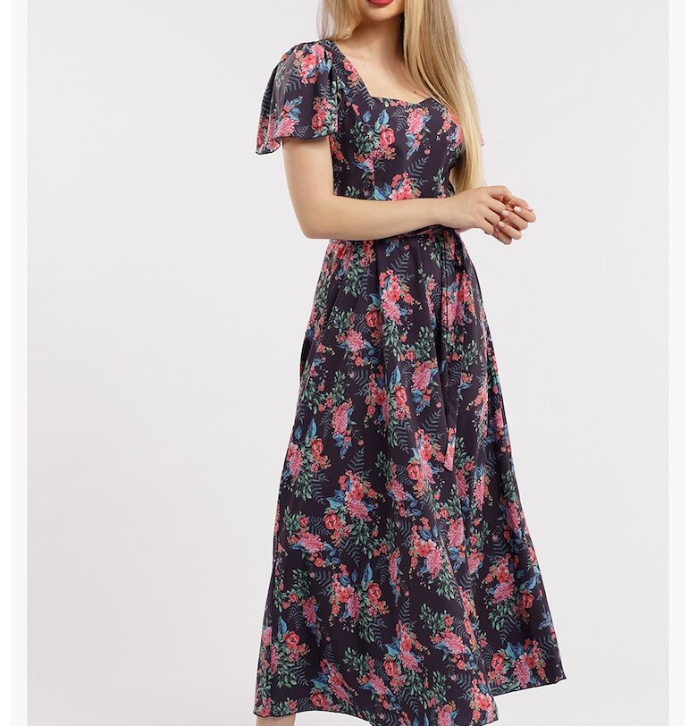 Дълга разкроена рокля с принт - Черен/Розово CAMISSI