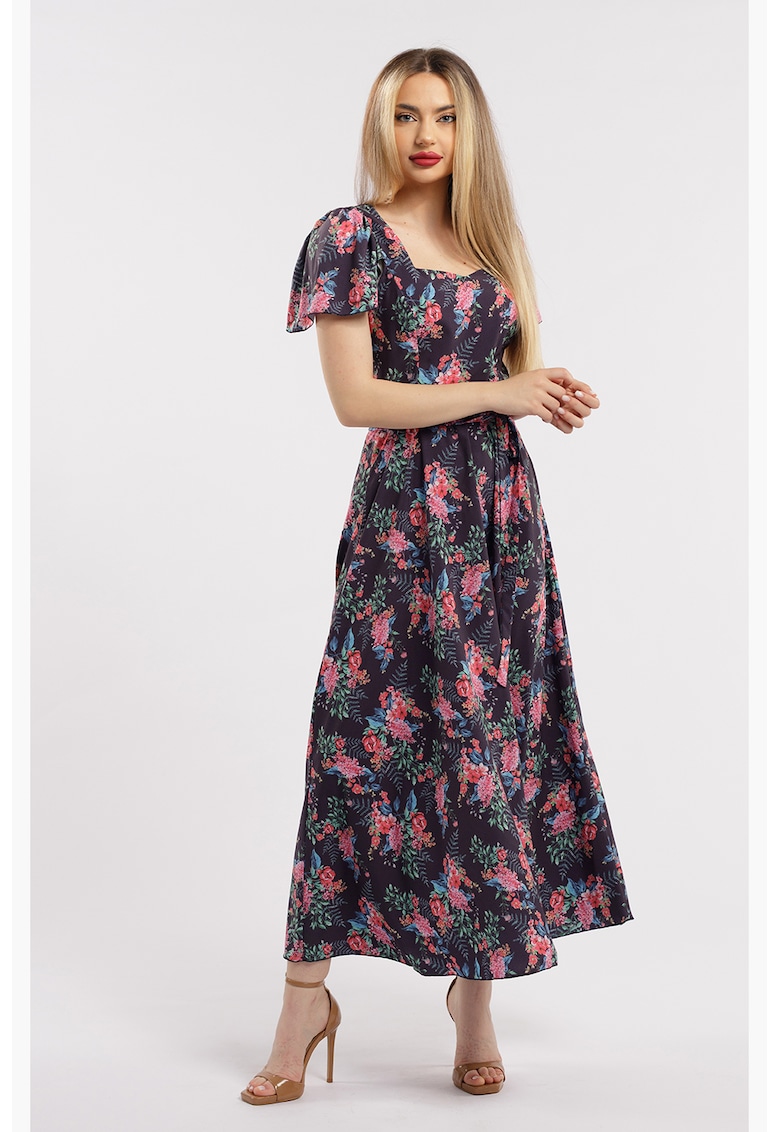 Дълга разкроена рокля с принт - Черен/Розово CAMISSI