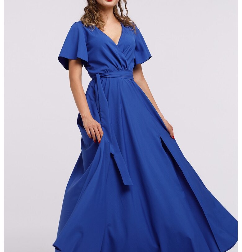 Дълга разкроена рокля с цепка встрани и връзка на подгъва - Кралско Синьо CAMISSI