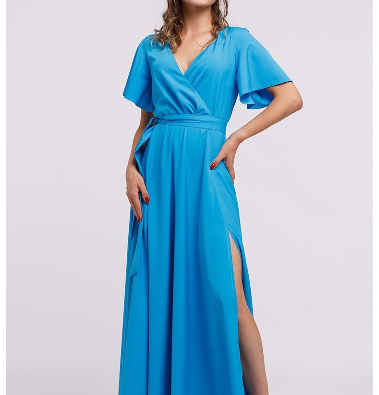 Дълга разкроена рокля с цепка встрани и връзка на подгъва - Небесносин CAMISSI