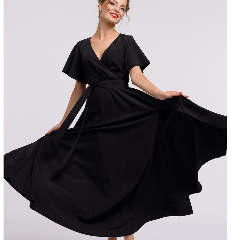 Дълга разкроена рокля с цепка встрани и връзка на подгъва - Черен CAMISSI