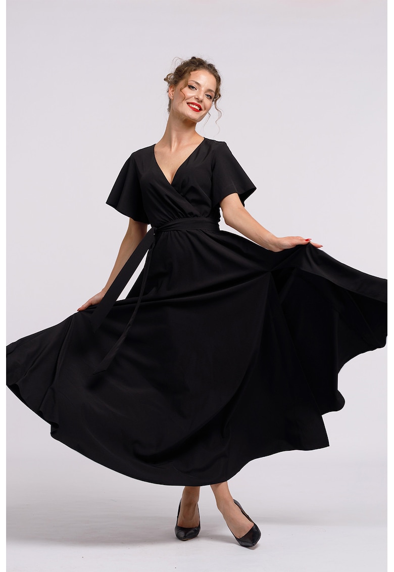 Дълга разкроена рокля с цепка встрани и връзка на подгъва - Черен CAMISSI