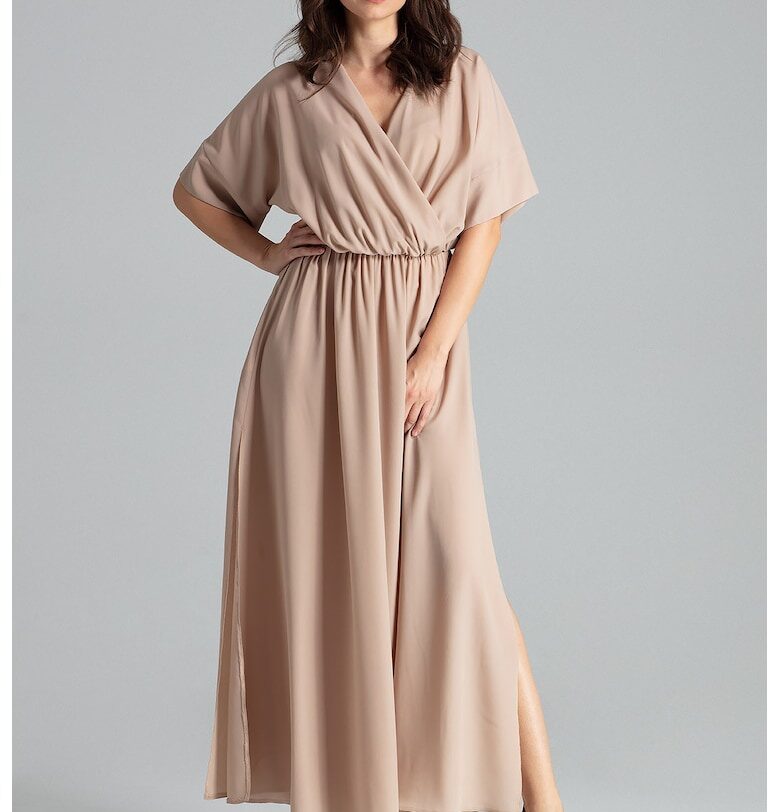 Дълга рокля  L055 - елегантна - с ластик на талията - бежова - 100% полиестер Lenitif