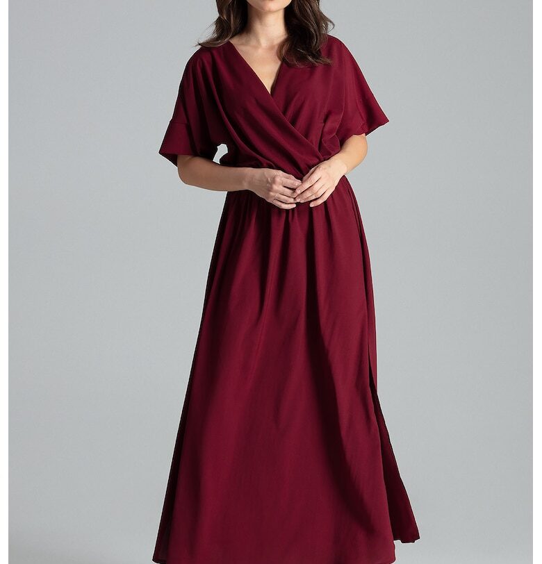 Дълга рокля  L055 - елегантна - с ластик на талията - бордо - 80% полиестер Lenitif