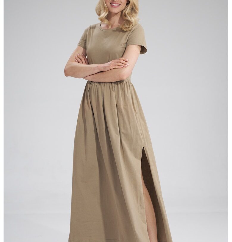 Дълга рокля  бежова - с цепка - памук Figl