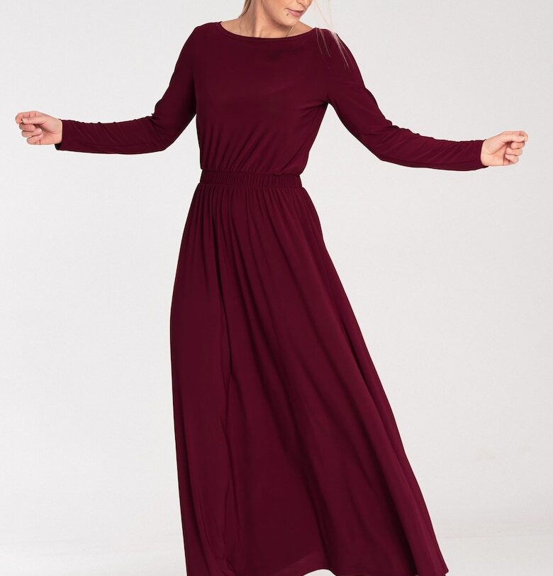 Дълга рокля  бордо - с дълги ръкави - ластик на талията - полиестер Figl