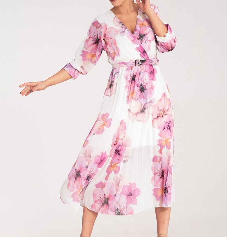 Дълга рокля -  на цветя - бяла - плисирана - полиестер - SM Figl