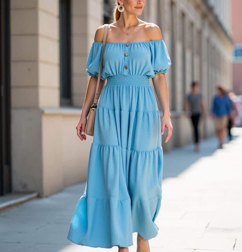 Дълга рокля -  полиестер - синя - лятна - Един размер Figl