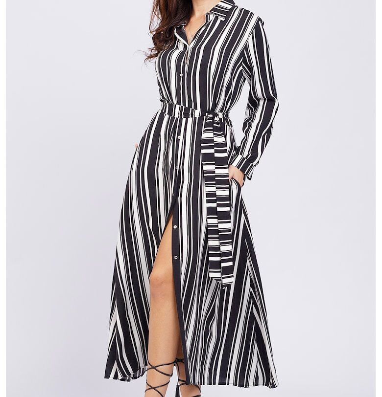 Дълга рокля-риза с джобове - Избеляло черно/Бял CAMISSI